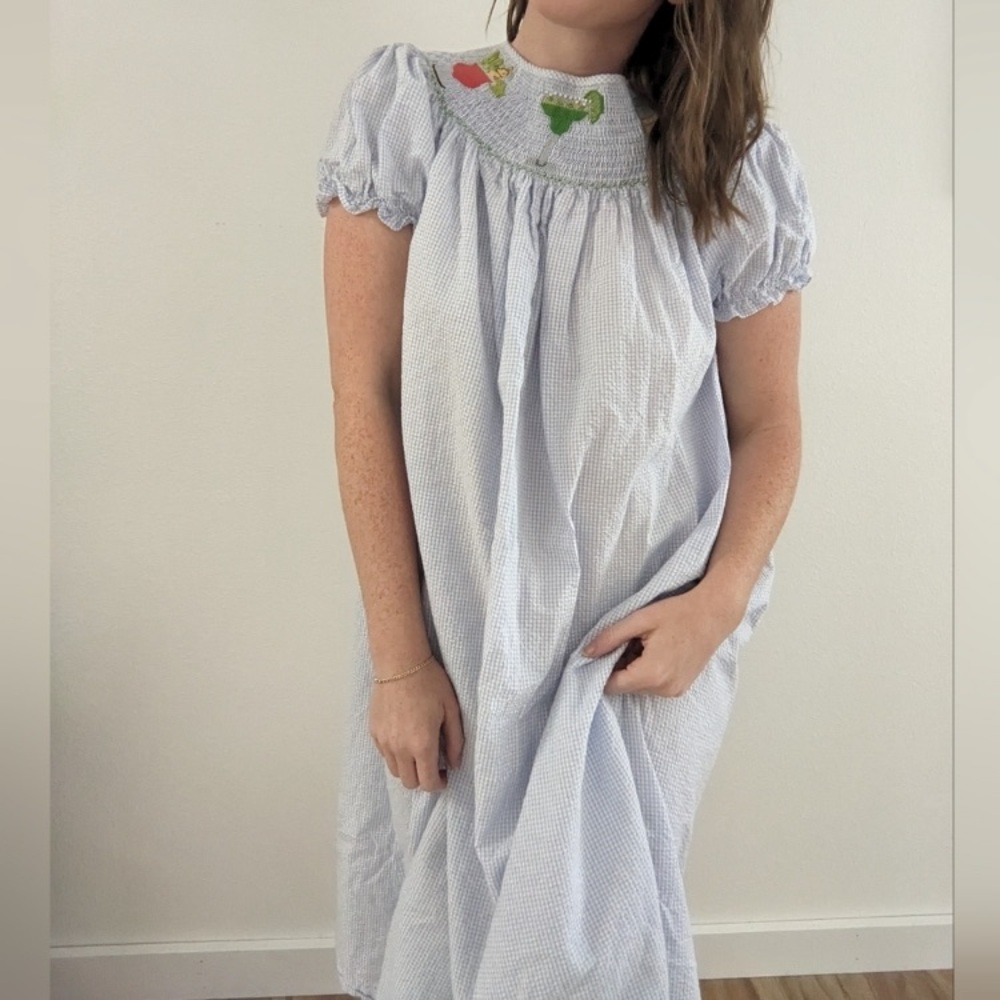 Light Blue Smocked Puff-Sleeve Dress with Floral Embroidery